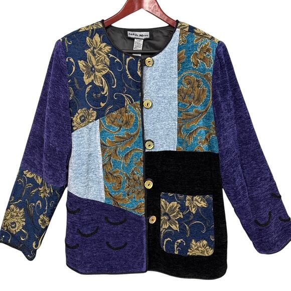 Vintage Indigo Moon Tapestry Patchwork Wood Button Jacket Blue Jewel Tones Sz.M